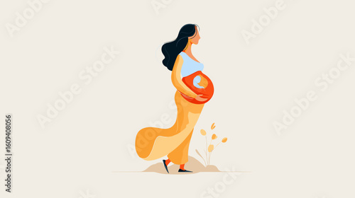 Pregnant woman walking while holding her belly in nature  