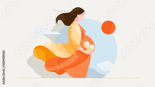 Pregnant woman walking gracefully in a flowing dress outdoors  