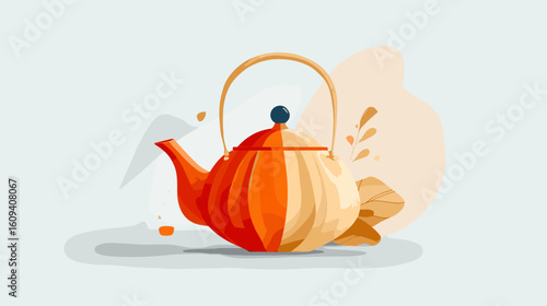 Abstract orange teapot design with splashes on light background  