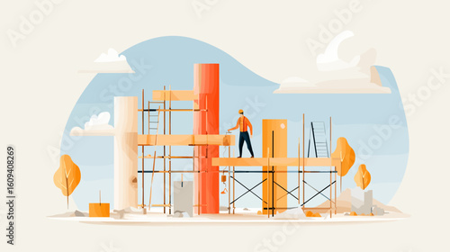 Construction worker standing on scaffolding at building site  