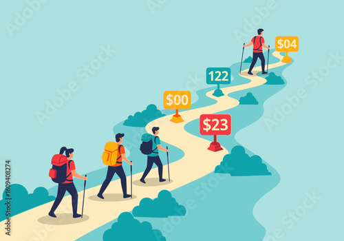 A group of hikers with backpacks and poles walk along a winding path marked by numerical and financial milestone signs.