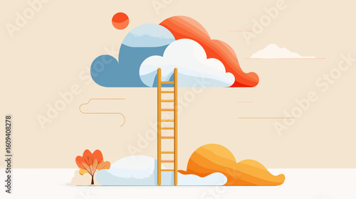 Abstract ladder leading to clouds with colorful autumn landscape  