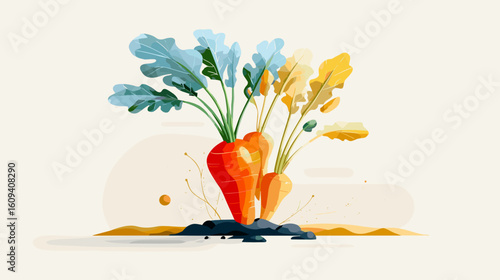 Colorful carrots with green leaves growing in sandy soil  