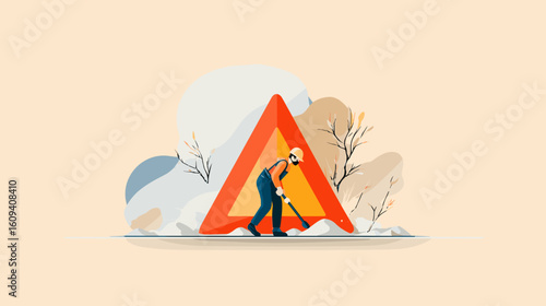 Construction worker shoveling snow near warning sign in winter  