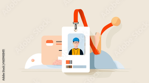 Employee ID badge with photo and credit card on minimal background  