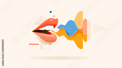 Abstract representation of lips producing sound waves in vibrant colors  
