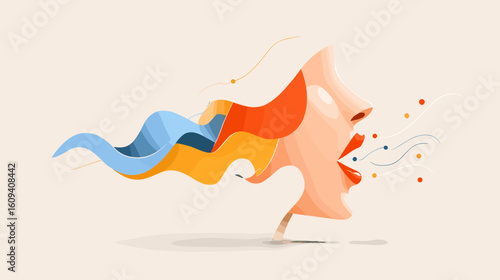 Abstract illustrated woman shouting with colorful waves in background  