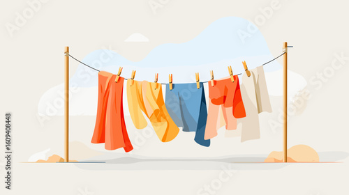 Colorful clothes drying on a clothesline against a light background  