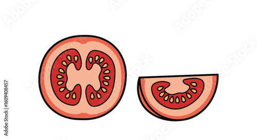 Fresh red tomato slice showing internal structure and seeds for culinary preparation
