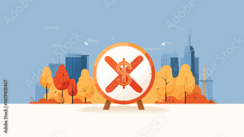 Symbolic no money sign with city skyline and autumn trees backdrop  