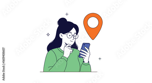 Woman using smartphone location tracking for navigation planning and exploration
