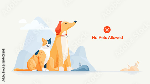 Cartoon dog and cat sitting together with no pets allowed sign  