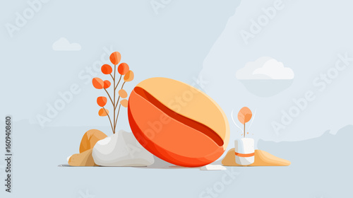 Large orange coffee bean with decorative flowers on soft background  