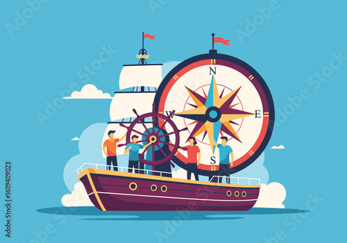 Team navigating a ship guided by a giant compass, symbolizing teamwork and strategic direction.