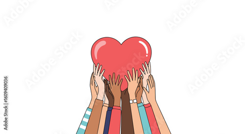 Many diverse hands lift a giant red heart together representing unity and collective care