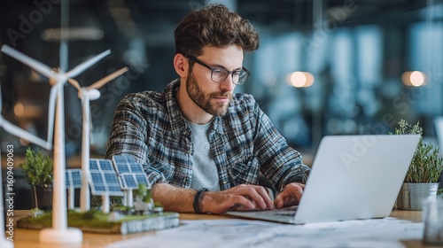 A focused man works on a laptop in an office with renewable energy models, including wind turbines and solar panels, highlighting sustainable technology and innovation.