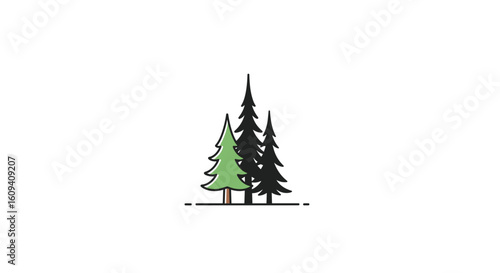 Nature inspired evergreen tree forest scene with a single bright green pine illustration