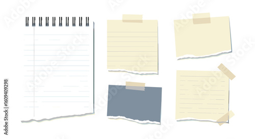 Blank notebook page and torn sticky notes adorned with tape for creative projects and memos