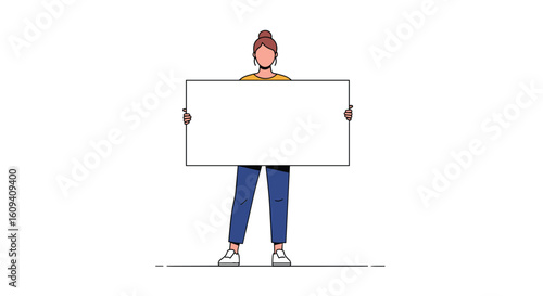 Young woman holding a large blank white sign board up high showing a message or information