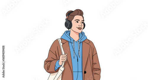 A young person with headphones and a tote bag walks through a park enjoying the day