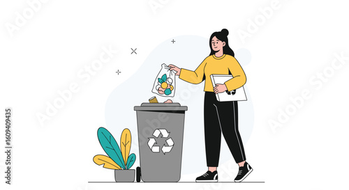 Woman disposing recyclable materials into a bin encouraging environmental responsibility