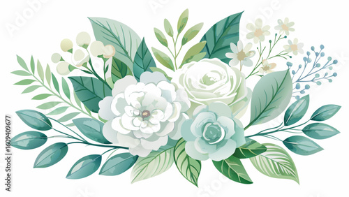 Vector art of an exquisite watercolor floral design showcasing white roses, blue blossoms, and an abundance of green foliage