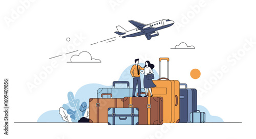 Modern illustration of people with luggage at airport ready for vacation travel