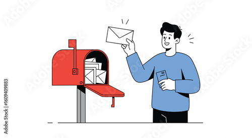 Man putting letter into red mailbox receiving mail delivery service communication