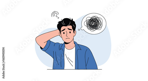 Confused man with tangled thoughts in his head experiencing mental anguish