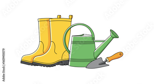 Essential gardening tools including yellow boots watering can and trowel for outdoor work