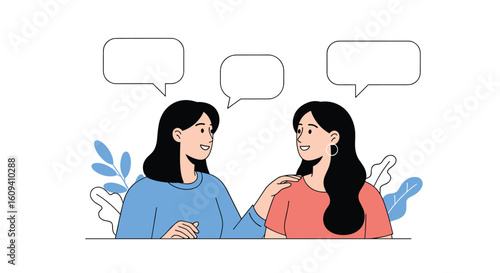 Two young women sharing thoughts and ideas with speech bubbles above them conveying communication and conversation