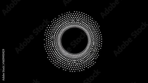 Circular pattern of white dots on black background. Abstract digital animation. Hypnotic spiral motion graphic. Optical illusion video for visual effects, screensaver