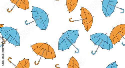 A cheerful pattern of orange and blue umbrellas scattered across a white background