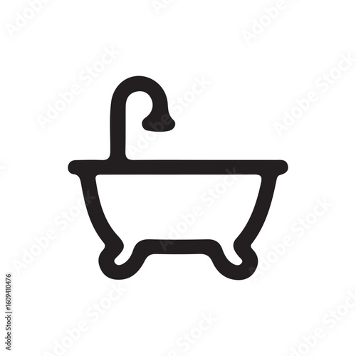 Vector art of a simple black outline icon of a bathtub with a faucet, isolated on a white background