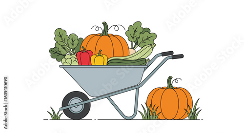 Abundant harvest of fresh garden vegetables carried in a wheelbarrow and surrounded by autumn pumpkins
