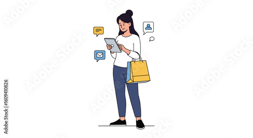 Woman using tablet while shopping with bags and chat bubbles illustrating communication and online activity