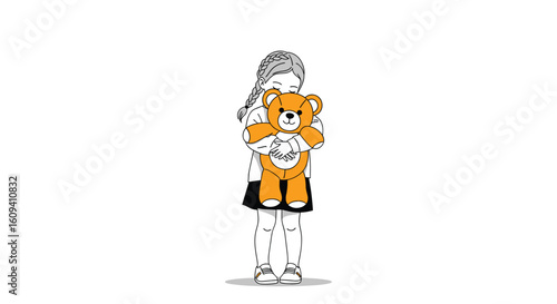 A young girl hugs her beloved teddy bear with tenderness and joy