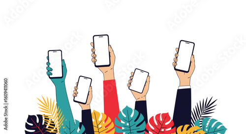People holding smartphones up high showing blank screens amidst colorful tropical leaves