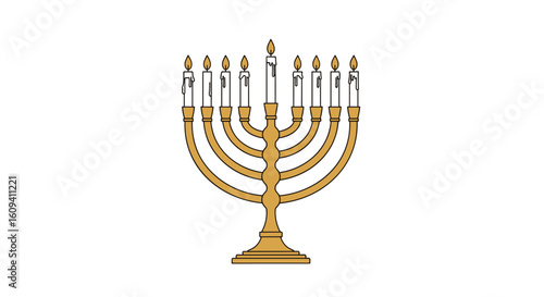 Elegant golden menorah with lit candles celebrating hanukkah traditions and religious observance
