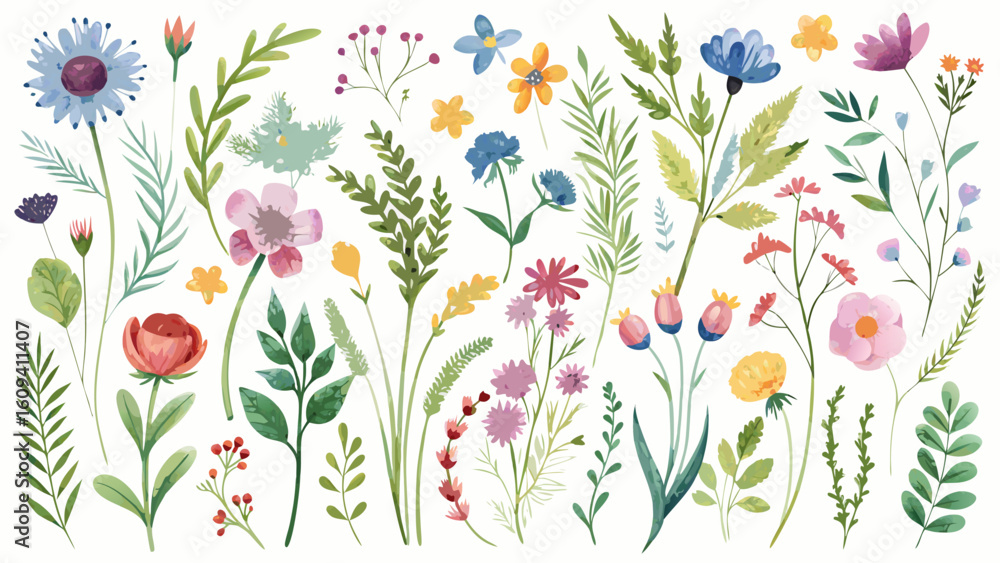 Fototapeta premium Vector art of a beautiful watercolor composition of various wildflowers and botanical elements, featuring a harmonious blend of soft colors and detailed greenery