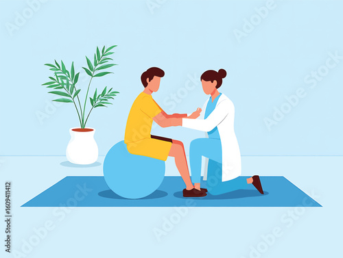Rehabilitation concept with a physiotherapist helping a patient on an exercise ball vector illustration.