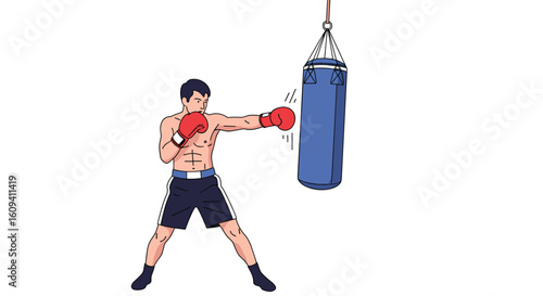 Boxer training with punching bag developing powerful punches and core strength