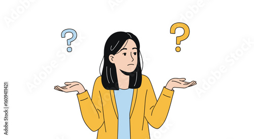 Young woman facing difficult choices uncertainty dilemma pondering decisions and questions in her mind