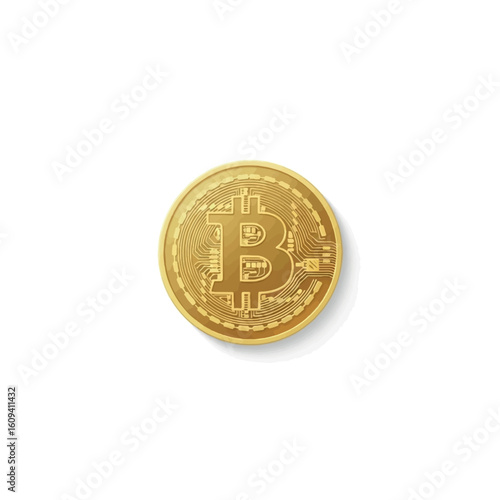 Golden Bitcoin coin with intricate design, isolated on a white background, casting a soft shadow.