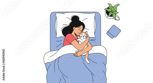 Woman peacefully sleeping holding her beloved cat in bed with plant and book nearby