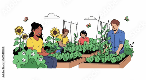Sustentability illustration of community garden with people planting vegetables sunflowers and butterflies in summer time vector