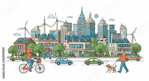 Sustentability sustainable city with renewable energy sources and electric vehicles promoting eco friendly urban lifestyle vector