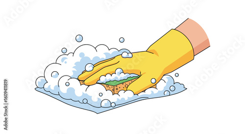 A yellow gloved hand is cleaning a surface with a sponge and lots of soap bubbles