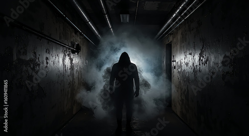 A mysterious hooded figure stands silhouetted in a dark, smoky industrial hallway, evoking a sense of suspense and the unknown.