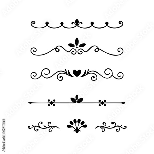 Decorative simple divider. Text dividers retro minimal line separators,  Vector isolated geometric wedding card heart separator elements set. Text dividers. . Hand drawn vector illustration. 
